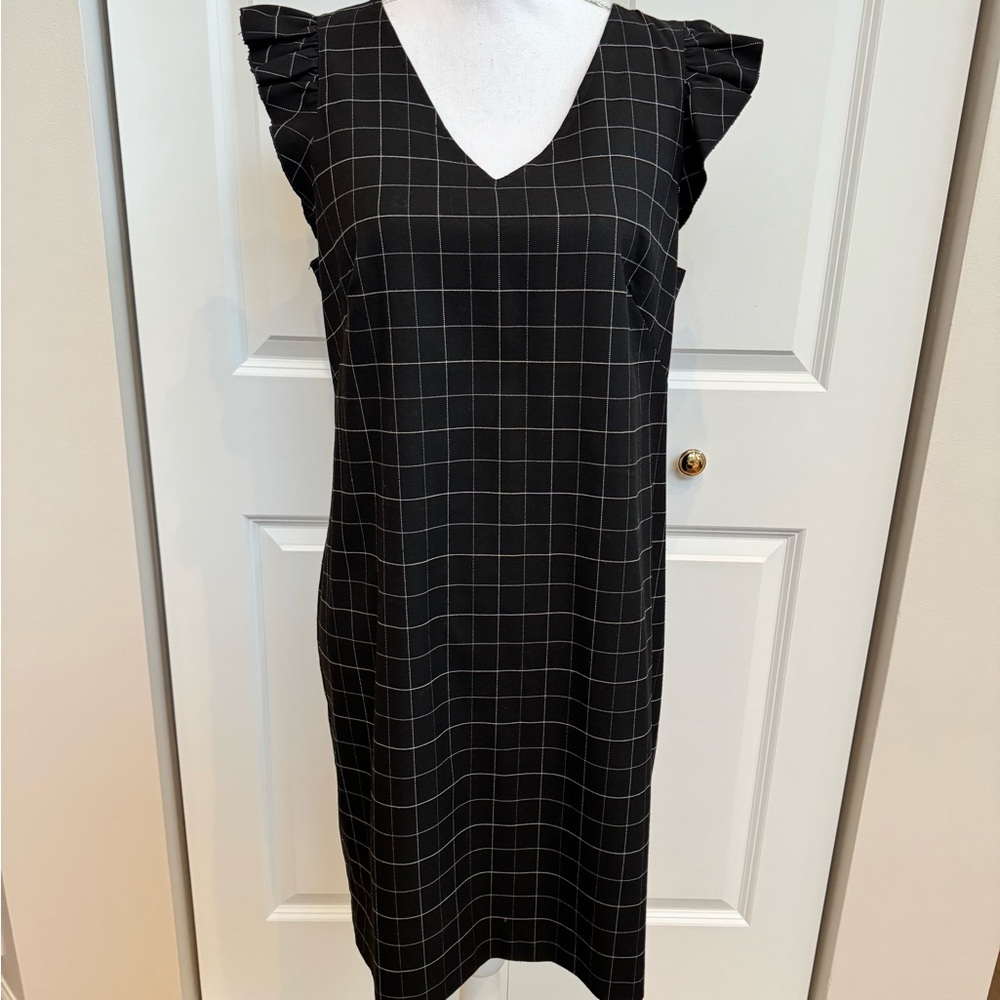 LOFT - Black and White Sheath Dress with V-Neck and Flutter Sleeves